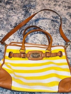 Michael Kors Yellow and White Striped Canvas Satchel with Tan Leather Trim